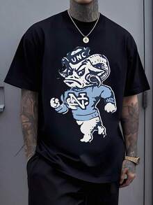 A Blue And White Short-Sleeved T-Shirt, 100% Cotton, Featuring A Cartoon Ram Mascot Design Displaying The Letters UNC, Representing The University Of North Carolina At Chapel Hill. Casual, Sporty, And Fashionable. - 黑色 - 查看 12