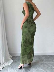 Vestido de noche de lujo para mujer, vestido sexy sin mangas con cuello asimétrico y estampado de teñido anudado - Verde Oliva - Ver 2