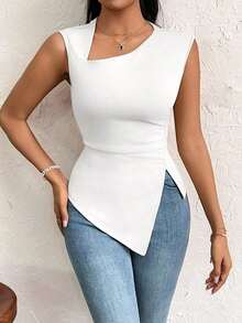 Camiseta de corte ajustado con mangas de obispo de unicolor elegante y simple para uso diario, vacaciones, fiestas y exteriores para mujeres - Blanco - Ver 7