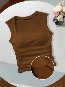 Camiseta sin tirantes con cuello cuadrado, cintura fruncida y sujetador acolchado sin aros - Marrón - Ver 10