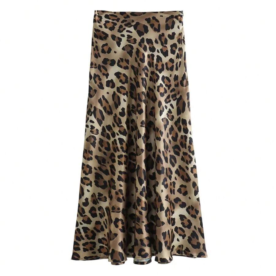 HXAO Falda Midi con estampado de leopardo para mujer, faldas largas elegantes de cintura alta para mujer, falda de satén Vintage de otoño, faldas elegantes para mujer - leopardo - Ver 1