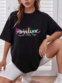 Short-Sleeved T-Shirt For Female Students And Young Girls, Loose Fit, Korean Summer Style, Plus Size, For Middle-Aged Women, Elegant And Rejuvenating, Half-Sleeve, Versatile, Black, Extra-Large, Round Neck Top, Casual Fashion Printed T-Shirt For Women, Popular Slim-Fit T-Shirt, Thin Base T-Shirt, Fashionable. - 黑色 - 查看 1