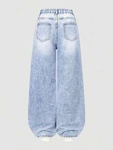 Jeans de pierna ancha para adolescentes, nuevos pantalones rectos con diseño bordado de moño, pantalones vaqueros holgados, pantalones vaqueros holgados para mujer, pantalones vaqueros holgados para niñas, pantalones vaqueros holgados para - Azul 3 - Ver 2