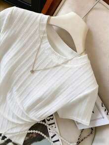 de manga corta con pliegues y bajo asimétrico de unicolor casual para mujer, verano - Blanco - Ver 4