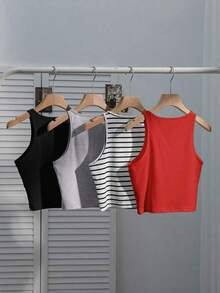 Conjunto de 4 piezas para mujer: Camiseta sin mangas a rayas en blanco y negro, cereza casual para vacaciones, versátil y sexy para el verano y el regreso a la escuela - Multicolor 16 - Ver 2