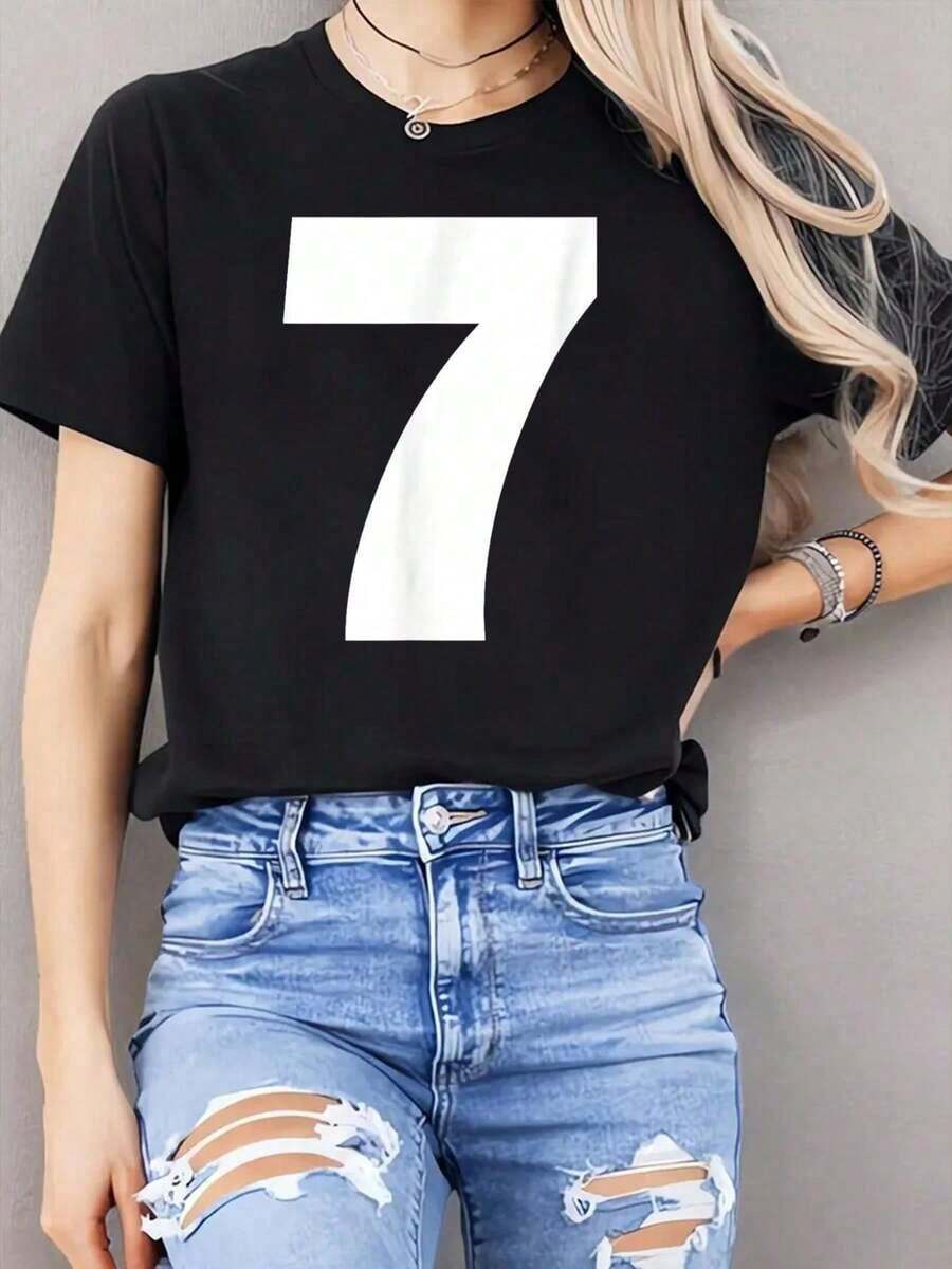 100% Cotton T-Shirt Number 7, White, With The Number Seven In Bold - Black - View 1