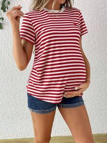 Camiseta De Maternidad De Cuello Redondo A Rayas De Manga Corta Para Verano - Rojo - Ver 1