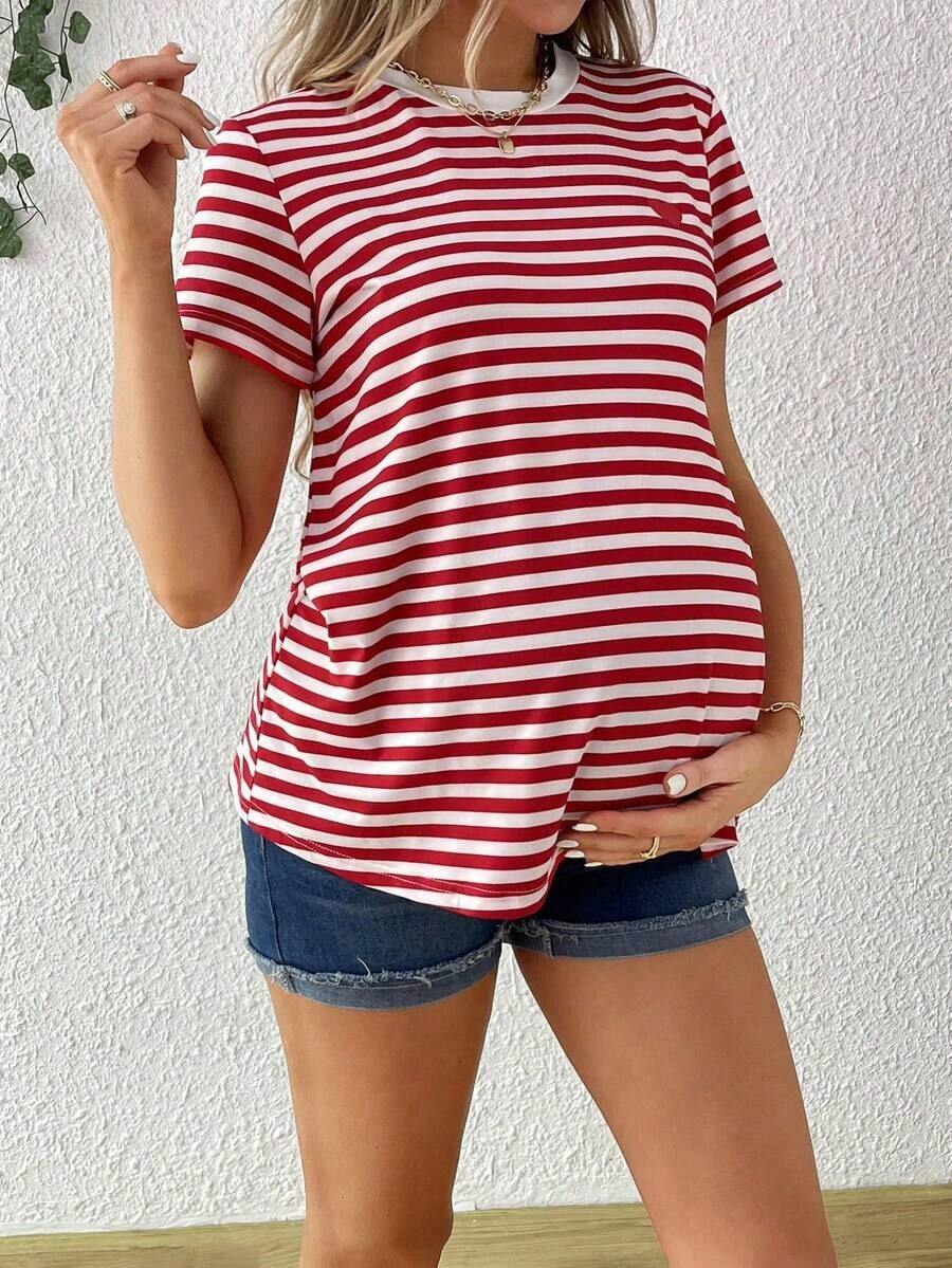 Camiseta De Maternidad De Cuello Redondo A Rayas De Manga Corta Para Verano - Rojo - Ver 1