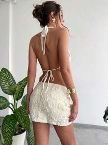 Minifalda de cintura baja con lentejuelas rosa brillante para el verano y San Valentín, falda de lentejuelas para fiestas y uso diario. - Beis - Ver 2