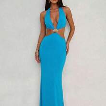 Women's Sexy Beach Vacation Deep V Metal Shell Buckle Decor Backless Fitted Long Dress, Blue - Beis - Ver 6