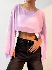 Blusa corta suelta de mangas de murciélago y cuello redondo de unicolor para mujer, de manga tres cuartos, para primavera/verano - Rosa Pálido - Ver 1