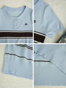 蓝色条纹撞色 Polo 领短袖针织上衣，修身百搭夏季女式衬衫 - 藍色 - 查看 9