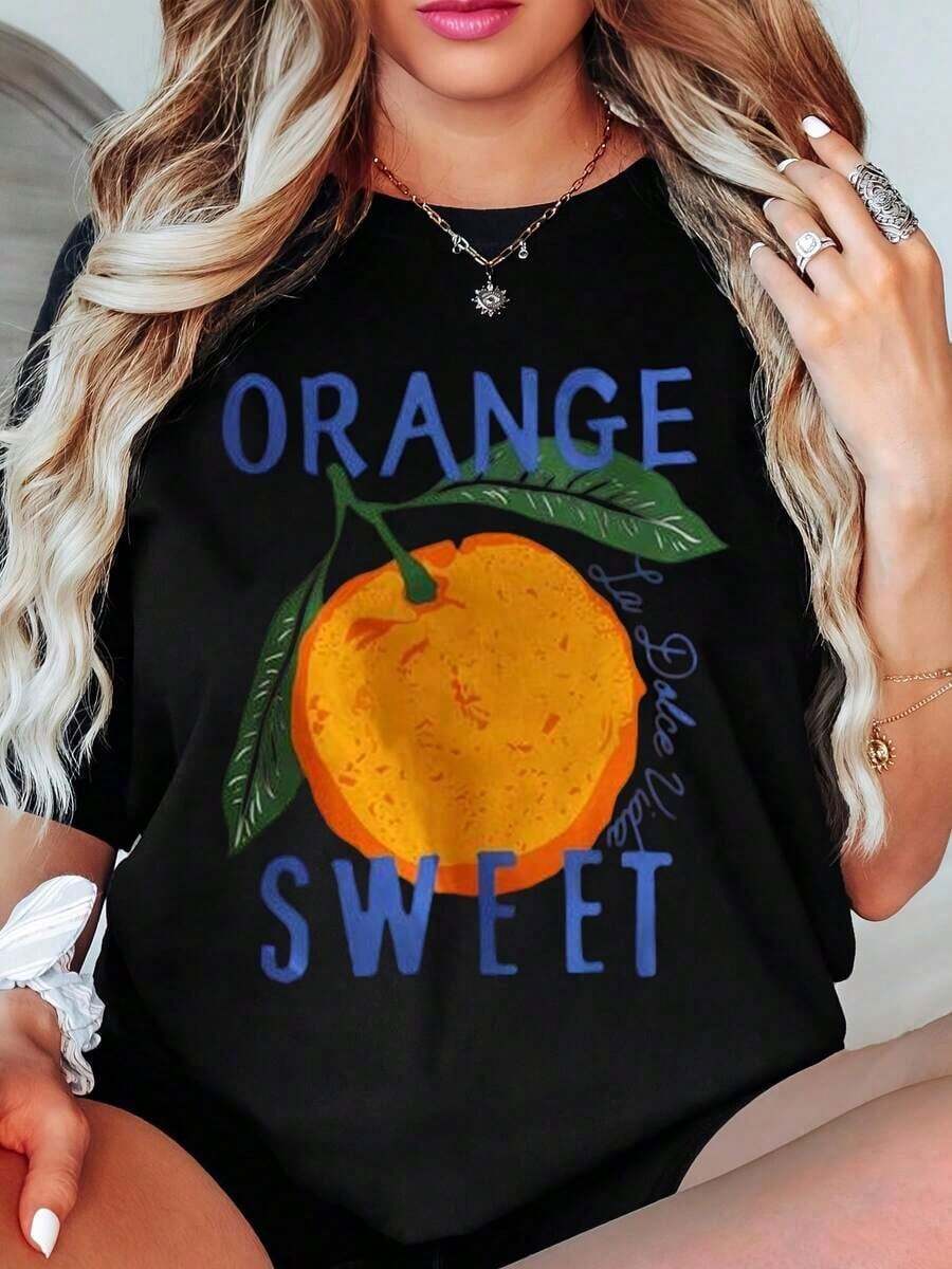 Camiseta Casual Naranja con Estampado de Frutas Dulces, Top Casual de Verano para Mujer, Moda - Negro - Ver 1