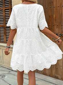 Vestido casual de vacaciones de unicolor con bordado calado para mujer - Pearl White - Ver 2