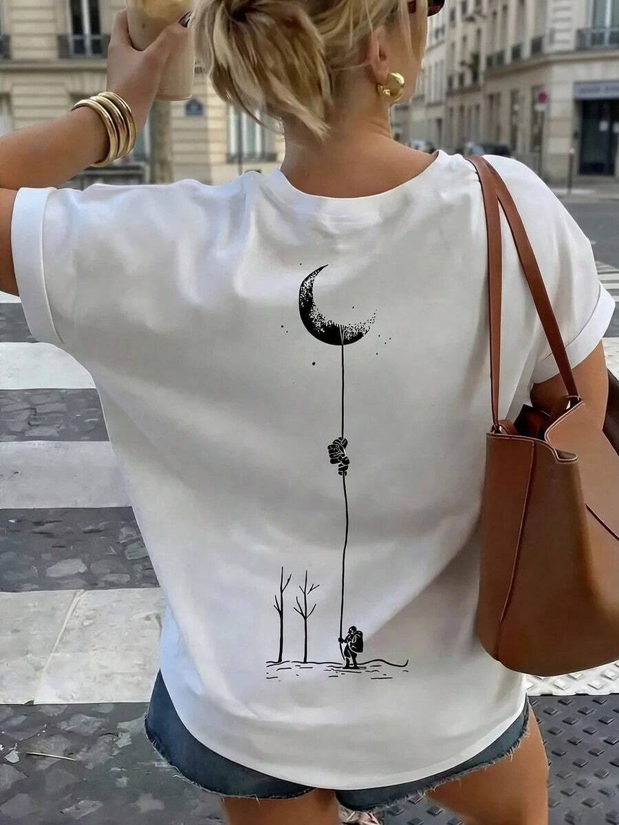 Camiseta de mujer de manga corta y cuello redondo informal - Estampado impreso, tela suave y cómoda, lavable a máquina, top de verano blanco - Blanco - Ver 1