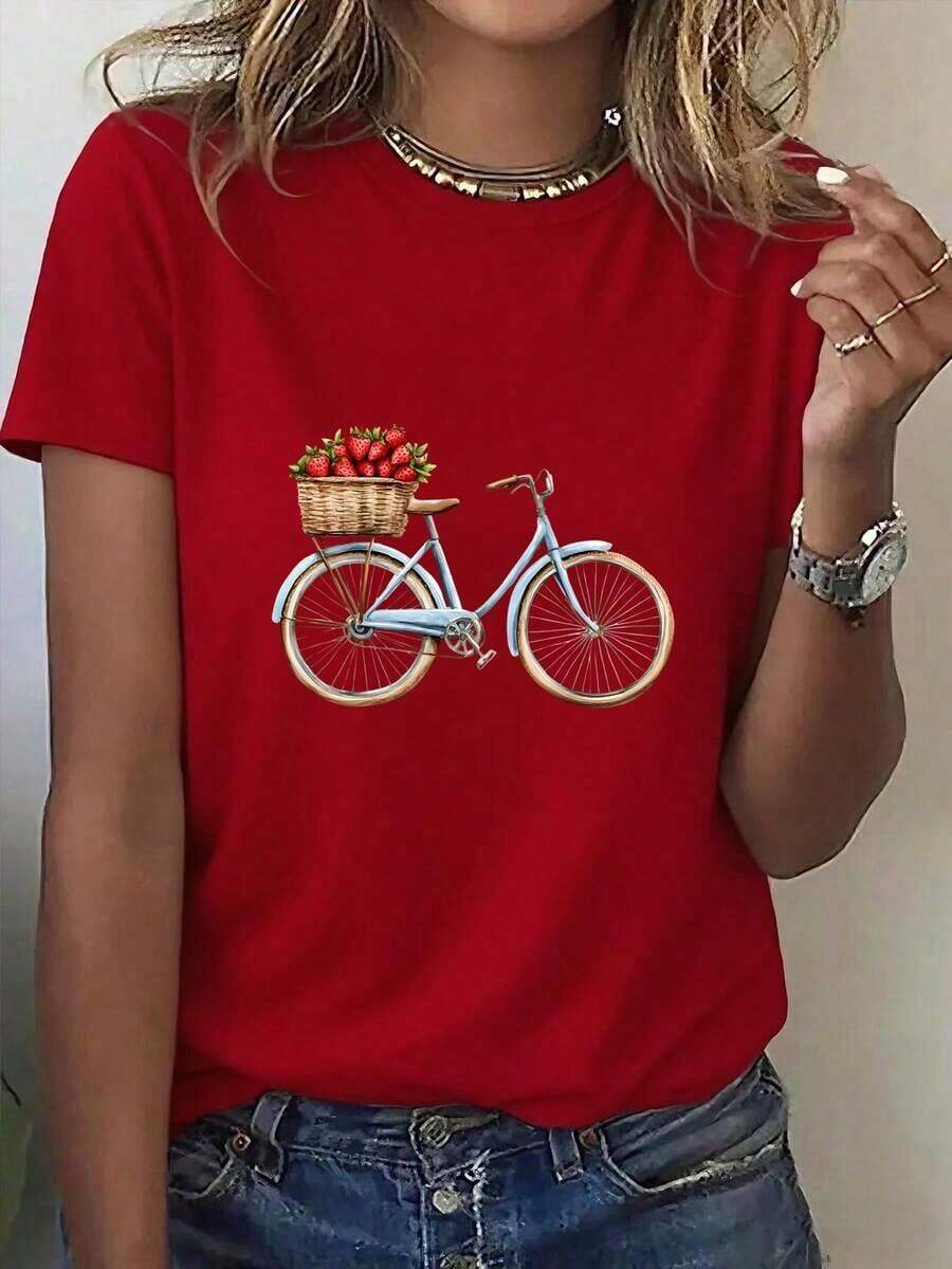 Camiseta de manga corta estampada para mujer, estilo suave con cuello redondo y estampado de bicicleta azul y cesta de fresas, ropa casual deportiva de manga corta, dulce y alegre para los desplazamientos de verano. Camiseta Básica de Verano Cómoda, Estampada de Manga Corta para Actividades al Aire Libre, Unisex. Camisetas para parejas, conjuntos para padres e hijos, conjuntos familiares, novedades, camisetas de manga corta a la moda, camisetas de manga corta para regalos 2026 - Conjuntos de verano para mujer, adecuados para primavera, verano y otoño. - Rojo - Ver 1