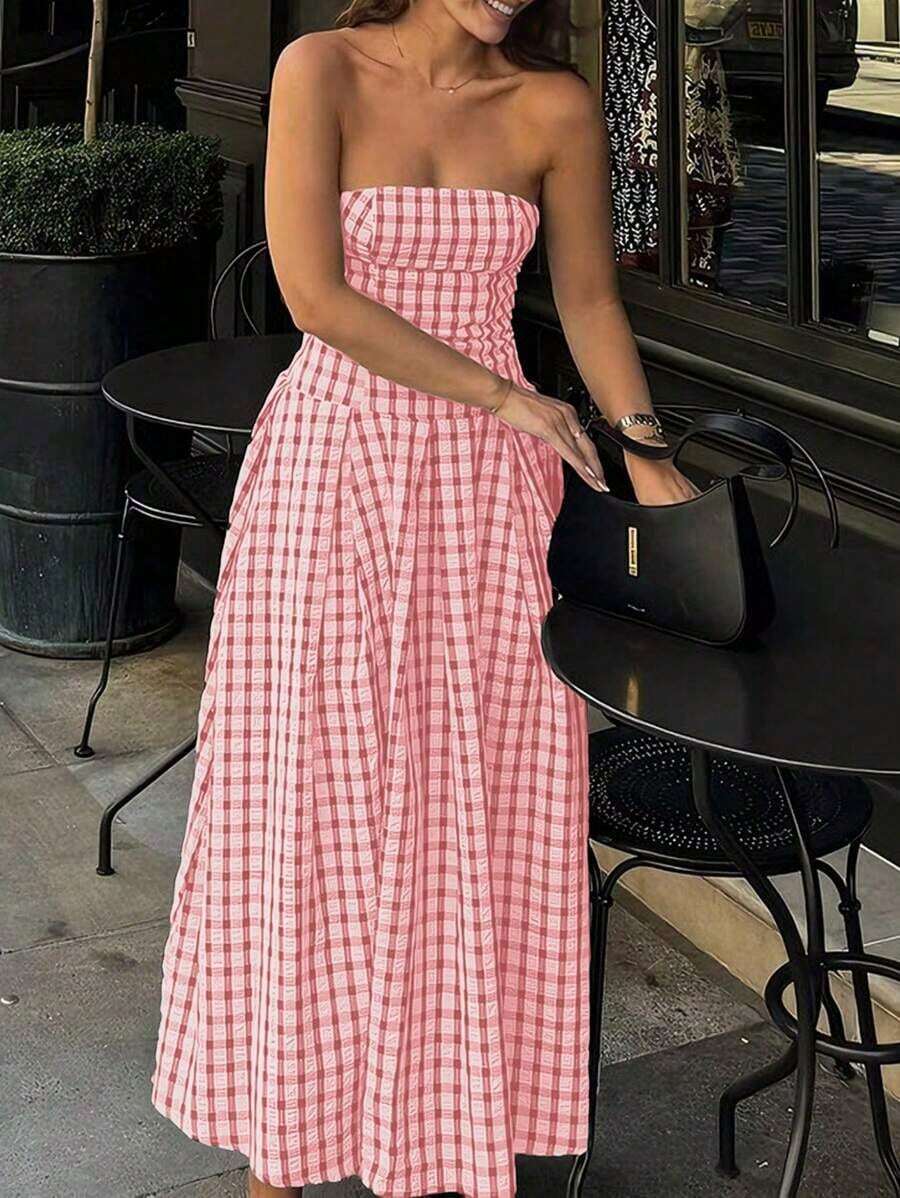 YkhahaSHEIN Holidaya Vestido tubo casual de mujer con estampado de cuadrosYkhaha - Rosa - Ver 1