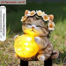 2D亚克力花园插牌，1个装 - 戴着花冠和发光球的睡猫，户外草坪和花园装饰，装饰艺术风格庭院摆件，经久耐用，适用于花坛，无需电池/电源 - A - 查看 2