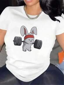 Fashion Printed T-Shirts For Women, Oversized Streetwear Tops, Comfortable And Stylish All-Match Summer Tees. Funny Gym T-Shirt For Women - Cute Weightlifting Rabbit, Lightweight And Breathable Polyester Graphic Tee For Exercise, Athletic Casual - Non-See-Through Fabric For Weightlifting, Yoga, Casual Wear - Ideal Gift For Fitness Lovers, Workout Clothes, Playful Design, Durable Construction, Exercise T-Shirt, Women's - 白色 - 查看 6