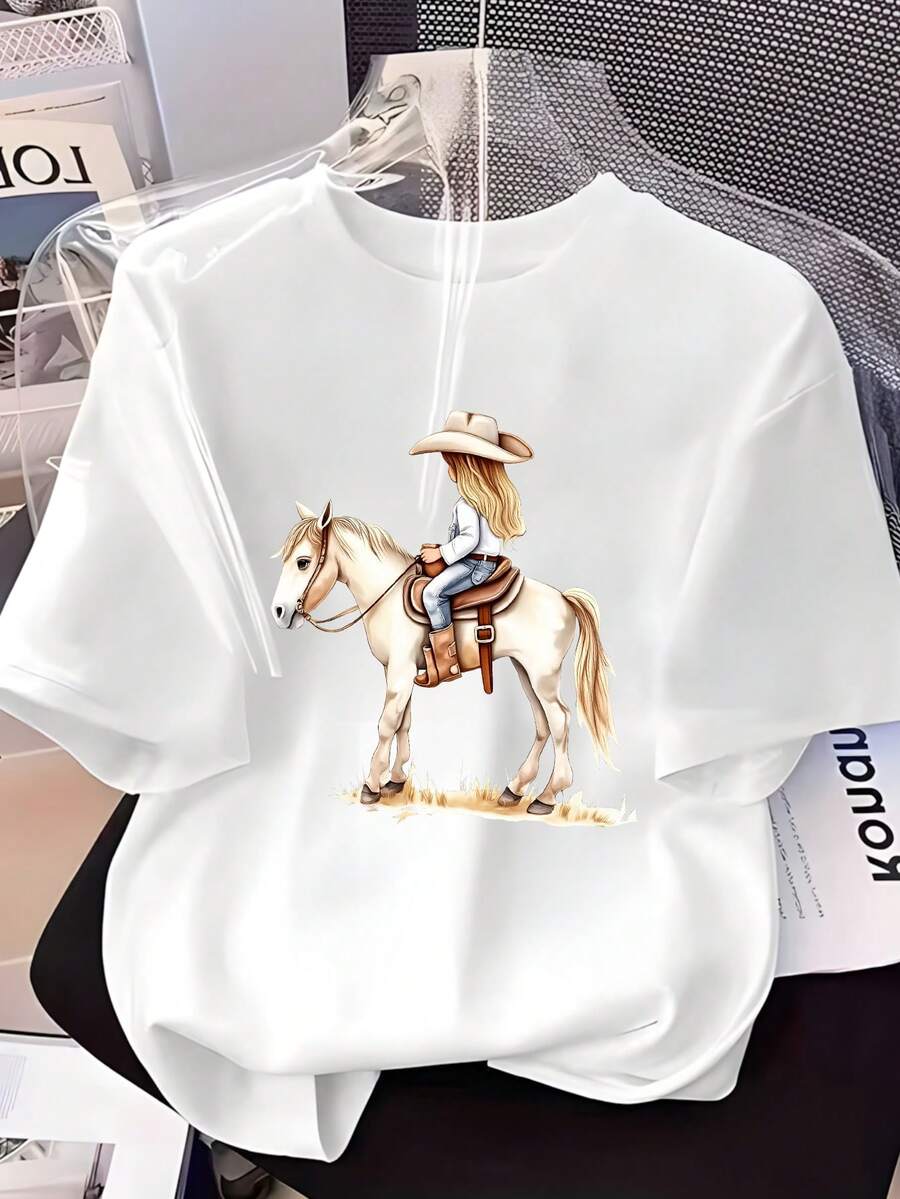 Camiseta de manga corta para mujer, con estampado de acuarela de niña vaquera a caballo, niña con sombrero vaquero, blusa y jeans, caballo con pasto, estilo tierno, cuello redondo. - Blanco - Ver 1