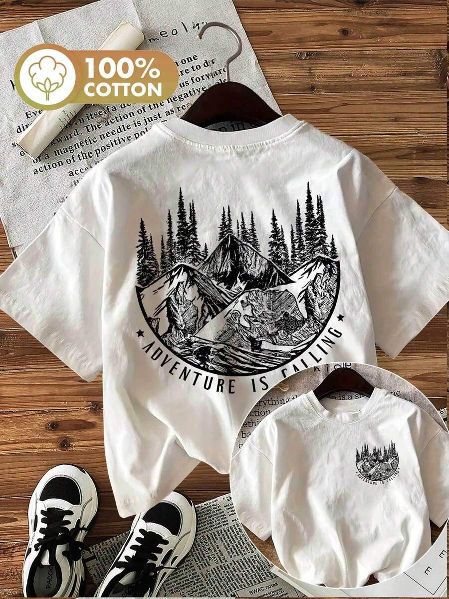 [Impresión a Doble Cara]Camiseta Casual de Primavera y Verano para Mujer, Estilo Outdoor, Estampado de Pino de Montaña con la Frase "LA AVENTURA LLAMA", Cuello Redondo, Manga Corta, Algodón Puro - Camiseta Unisex de Estilo Vintage Urbano, Holgada, de Algodón, con Cuello Redondo, blusas para mujer. blusas.blusas casuales para dama. - Blanco - Ver 1