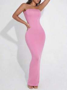 Vestido largo de fiesta elegante de unicolor sin tirantes que ciñe la cintura, color rosa - Rosa - Ver 4