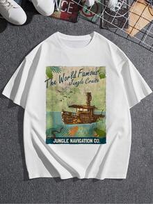 El estampado muestra un barco aventurero navegando entre hojas tropicales y aves que simbolizan libertad y exploración en selvas misteriosas, transmitiendo energía positiva y espíritu viajero camiseta de mujer  cómoda y casual para uso diario - Blanco - Ver 3