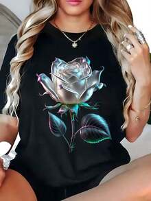 Suave Plus Size, Camiseta con Estampado Gráfico, Manga Corta, Cuello Redondo, Top Casual para Verano y Primavera, Ropa de Mujer, blusa casual mujer, blusas para mujer, playeras de mujer algodón - Negro - Ver 1