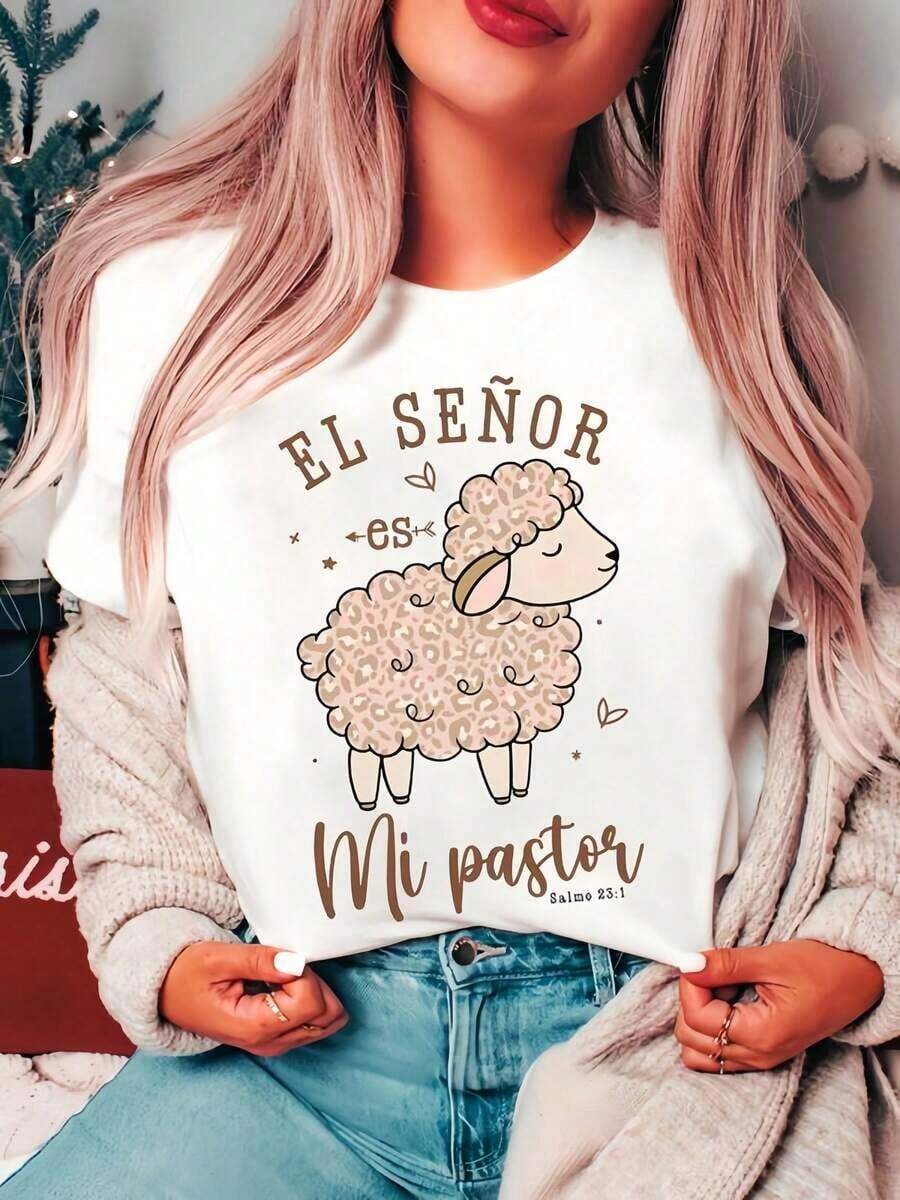 Women's Casual T-Shirt, 1 Piece, Sheep Print, White, Round Neck, Cotton Casual T-Shirt, Medium Elasticity Knit Fabric, Regular Fit For Women, For Spring/Summer/Autumn, 100% Cotton, Durable - 白色 - 查看 1