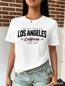 Diseño simple y versátil: Nueva camiseta de manga corta y cuello redondo para mujer, diseñada para el verano, con un estampado de letras simple y moderno, transpirable y absorbente de sudor, - Blanco - Ver 7