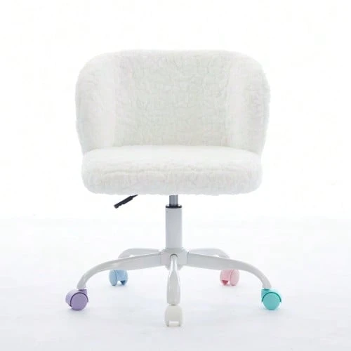Girls' Faux Rabbit Fur Office Chair, Swivel Vanity Chair, Cute And Fluffy, Adjustable, With Quiet And Colorful Casters, Soft Padded Office Chair For Bedroom, Office And Dorm Room, Cream, Beige - 米色 - 查看 1