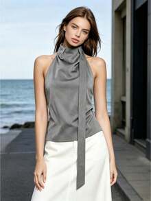 Womens Halter Tank Tops Summer Fashion Solid Color Mock Neck Backless Going Out Vest - 灰色 - 查看 1