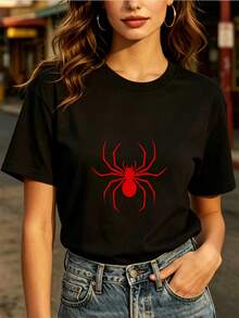 Designed For Modern, Stylish, And Comfortable Women, This 180g Spider-Print Casual Tee Is Ideal For Summer Family Outings And Office Team-Building Activities. It Makes A Perfect Gift For Both Men And Women, With A  Design Perfect For Independence Day Celebrations. Made From Premium Soft And Breathable Fabric, It's Designed For All-Day Comfort And Is Versatile Enough For Everyday Wear, Perfect For Casual Outings. - 黑色 - 查看 12