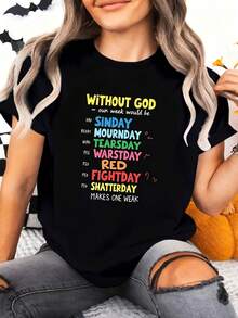 Women's Christian Faith T-Shirt - Weekly Bible Verse Design "Without God" With Color-Coded Days (Monday-Sunday) - Soft Casual Short Sleeve Crew Neck T-Shirt For Church, Casual Wear And Women's Clothing - 黑色 - 查看 1