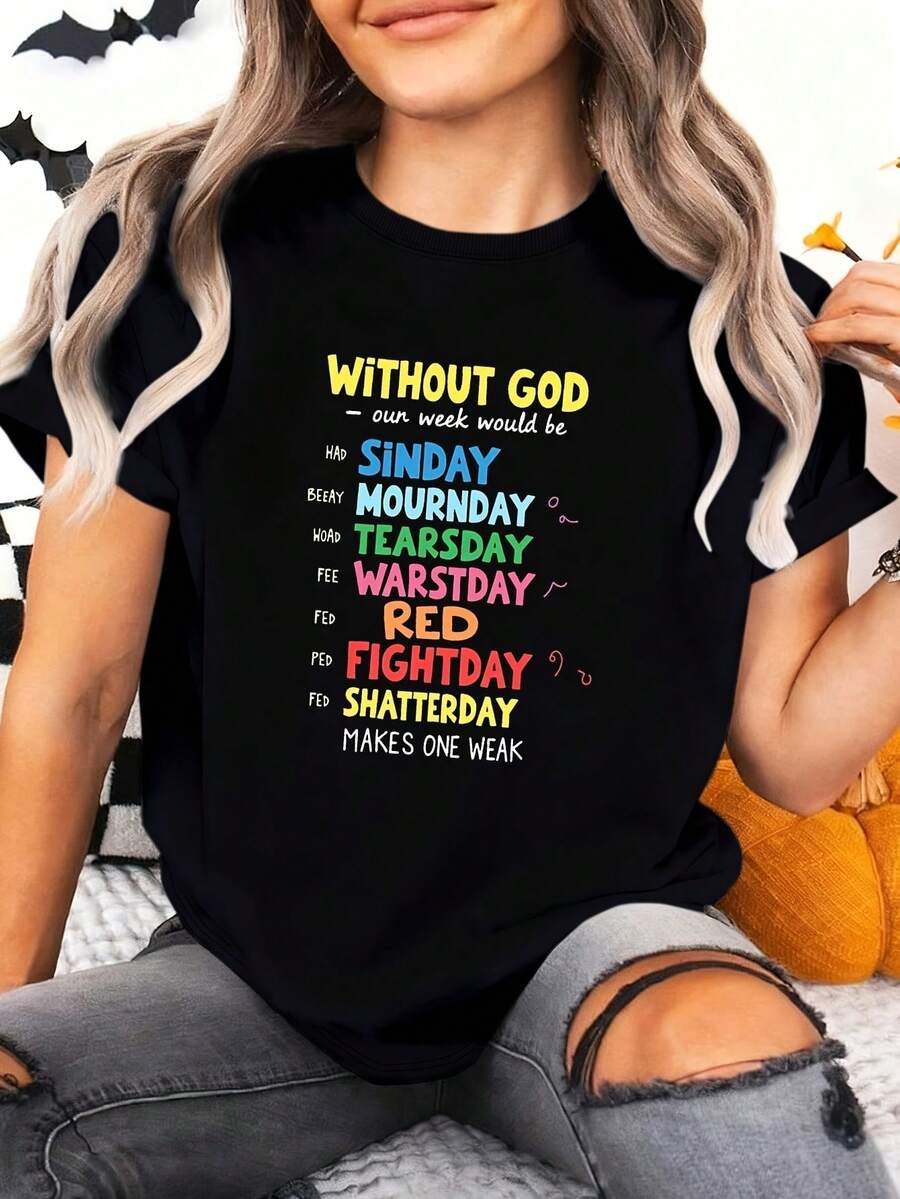 Women's Christian Faith T-Shirt - Weekly Bible Verse Design "Without God" With Color-Coded Days (Monday-Sunday) - Soft Casual Short Sleeve Crew Neck T-Shirt For Church, Casual Wear And Women's Clothing - 黑色 - 查看 1