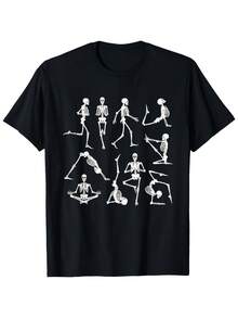 Funny Graphic Tee With Skeleton Yoga Poses - 180gsm Heavyweight Loose-Fitting Tee, Ideal For Practicing Yoga Poses Like Downward Dog, Warrior, And Tree Pose - Casual And Gym Wear For Men And Women, Fun - 黑色 - 查看 1