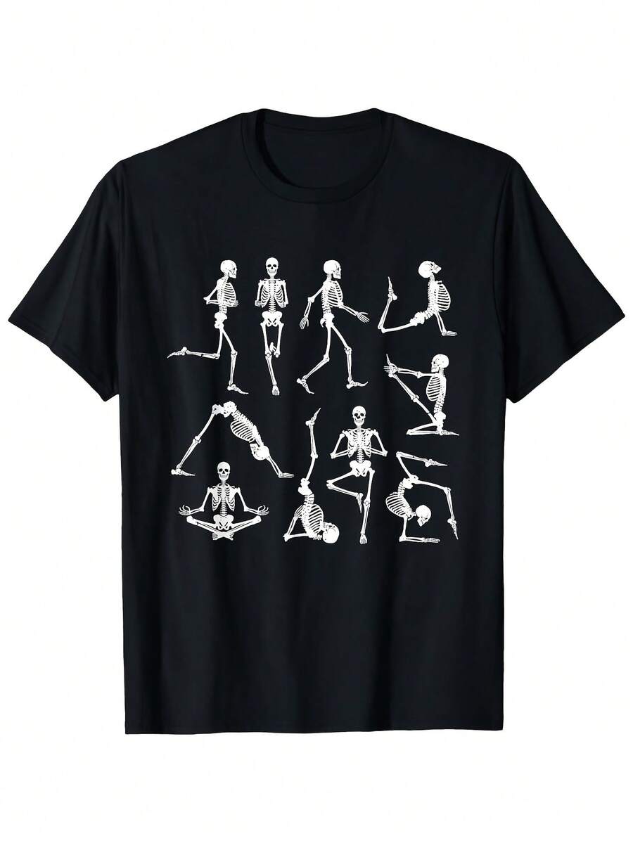 Funny Graphic Tee With Skeleton Yoga Poses - 180gsm Heavyweight Loose-Fitting Tee, Ideal For Practicing Yoga Poses Like Downward Dog, Warrior, And Tree Pose - Casual And Gym Wear For Men And Women, Fun - 黑色 - 查看 1