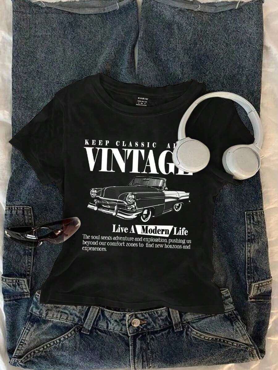 Women's Casual T-Shirt With Round Neck And Vintage Car Print, Suitable For Early Autumn, Vintage, Preppy, Versatile, Sexy, Cute, Y2K, Coconut Girl, Boho, Hippie, Music Festival, Autumn/Winter Graphic - 黑色 - 查看 1