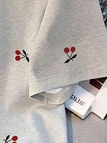 Camiseta casual para mujer, gris, nuevo diseño de verano, cuello redondo, estampado de cerezas dulces, diseño gráfico, estilo estudiantil, ajuste versátil minimalista, adecuado para uso diario, al aire libre, viajes, cómodo, esencial para mujeres - Multicolor 5 - Ver 4