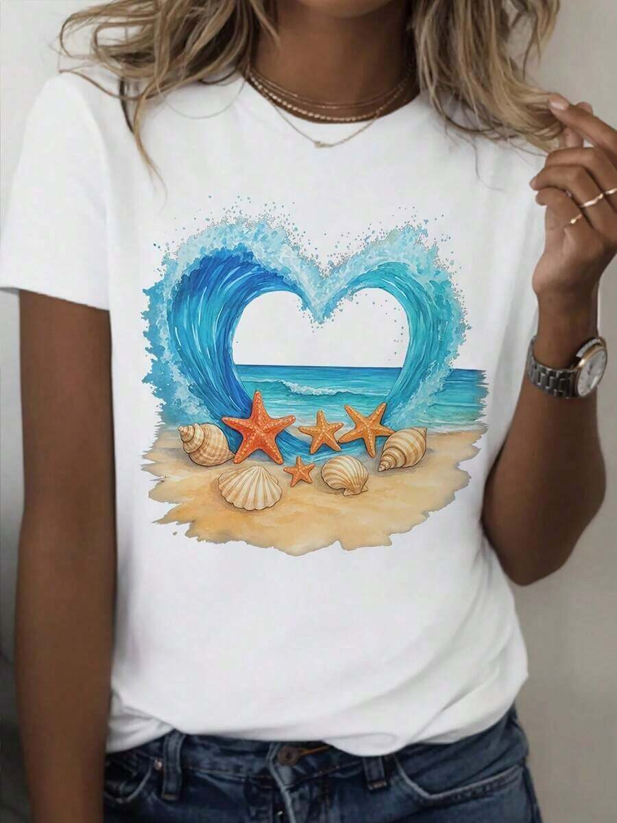 TrendyShanchu Women's Short Sleeve Heart Print T-Shirt - White, Round Neck, With Blue Heart And Starfish Design, Soft And Breathable Fabric, Machine Washable, Suitable For Casual Beachwear, Perfect Gift, Beachwear, Vacation Style, Comfortable Cotton T-Shirt For Daily Wear. - 白色 - 查看 1