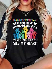 Vintage 1 pieza (Camiseta), Camiseta para Mujer con Estampado "Si tus manos están llenas, mira mi corazón" - Casual, Manga Corta, Cuello Redondo, Color Sólido (Gris, Blanco, Rojo Oscuro) - Adecuada para Enfermeras, Maestras y Cuidadores - Camiseta con Diseño Gráfico - Negro - Ver 7