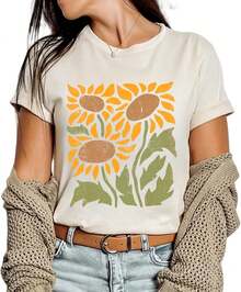 1 Piece Casual Fashion For Men And Women Vintage Boho Floral Flower Print T-Shirt Graphic Short Sleeve T-Shirt Versatile, Easy To Match, Suitable For Daily Wear, Street Style, Holiday Outfits, Weekend Outfits. - 米色-1-向日葵 - 查看 1