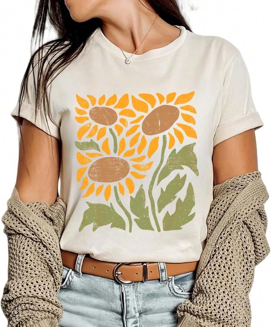 1 Piece Casual Fashion For Men And Women Vintage Boho Floral Flower Print T-Shirt Graphic Short Sleeve T-Shirt Versatile, Easy To Match, Suitable For Daily Wear, Street Style, Holiday Outfits, Weekend Outfits. - 米色-1-向日葵 - 查看 1