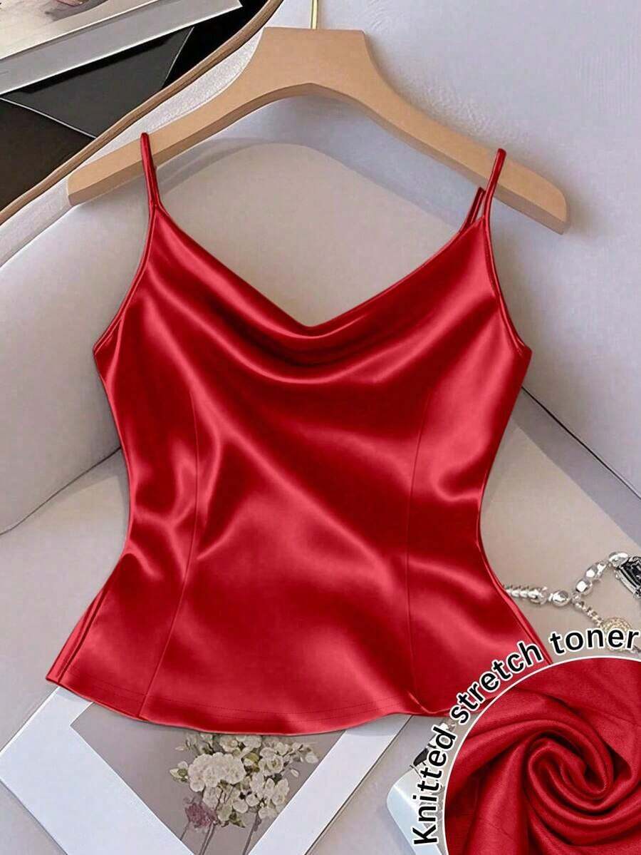 Chaleco sin mangas de mujer de tela tejida brillante, ajuste ceñido, apto para uso diario y para capas, primavera/otoño/invierno - Rojo - Ver 1