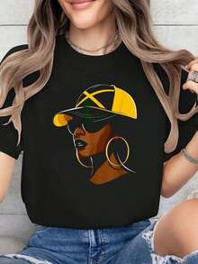 Women's 100% Cotton Summer T-Shirts, 'Jamaican Girl Messy Bun' Design, For Summer Holidays In Jamaica And Girls' Trips - 黑色 - 查看 6