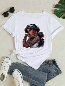 Women's Graphic T-Shirt With Gothic Tattoo Design - Short Sleeve Crew Neck T-Shirt With Cartoon Princess Drawings And Traditional Patterns, Summer Casual Wear, Size B1 (Standard Fit), Suitable For Anime And Fashion Enthusiasts, Cotton T-Shirt. - 白色 - 查看 3