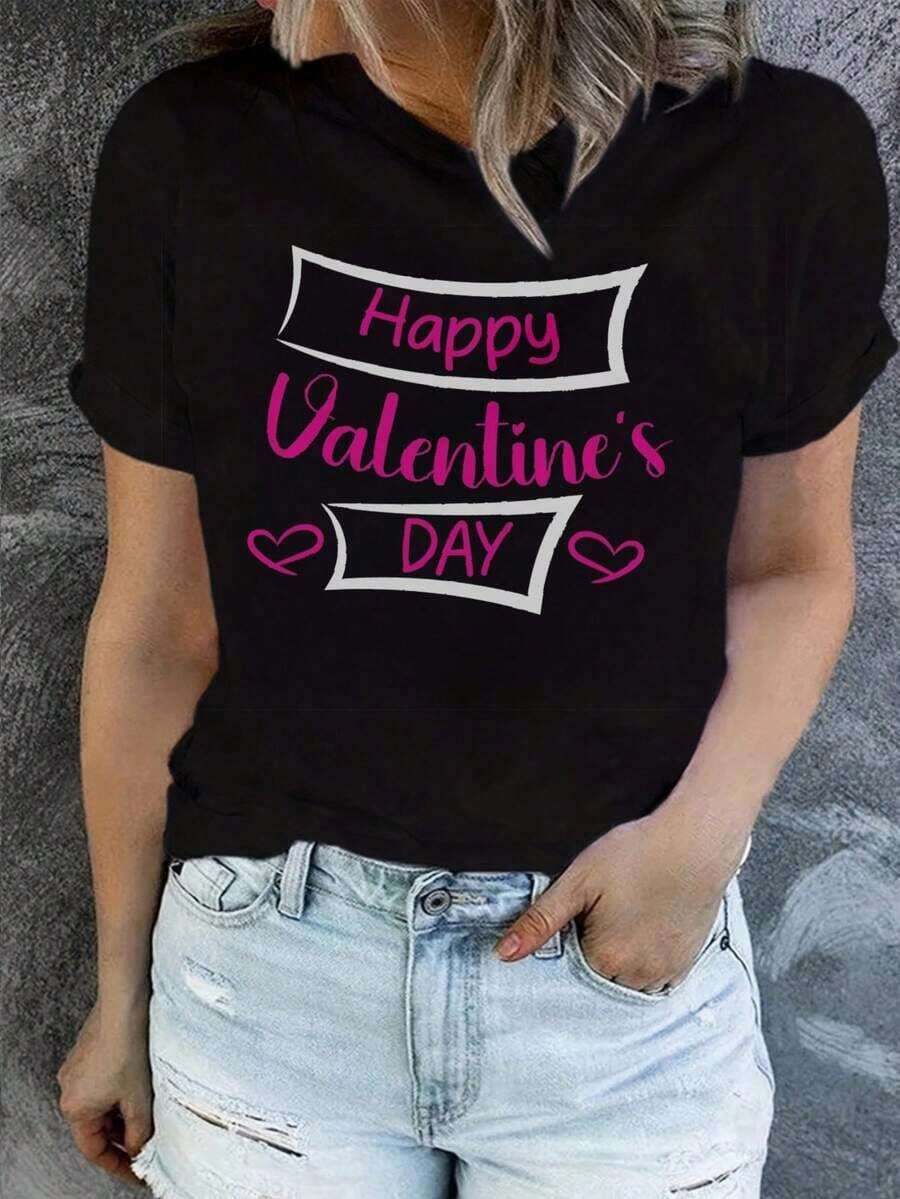 Soft 100% Cotton T-Shirt, Casual Short-Sleeved Crew Neck T-Shirt For Women, With Creative Valentine's Day Prints, Simple Design, Ideal For Outdoor Activities, Comfortable And Versatile, The Perfect Choice For A Birthday Gift, Also A Good Option For Family And Friends. Breathable Cotton T-Shirt, Goes With Everything. - 黑色 2 - 查看 1