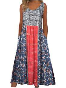 New 2025 Summer! Women's Sleeveless Bohemian Floral Casual MIDI Beach Dress With Flowing Pockets And Loose Fit - 粉色 - 查看 12