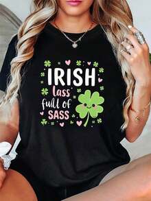 Size - Size - A Stylish Women's Casual Crew Neck T-Shirt In Size, Featuring A Fun 'Irish Lass Full Of Sass' Design With Smiling Shamrocks And Heart Decorations, Perfect For Spring And Summer - 黑色 - 查看 1