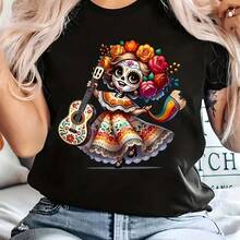 Camiseta de Mujer - Camiseta con Diseño de Calavera de Catrina de Arte Folclórico Mexicano - Presenta un vibrante estampado de Catrina y una banda de Mariachis, top casual de manga corta con cuello redondo suave, adecuada para las celebraciones del Día de Muertos y el uso diario, lavable a máquina con un ajuste cómodo para todas las estaciones, diseño festivo de temática mexicana con coloridos patrones florales y detalles exquisitos, corte holgado adecuado para todas las estaciones. - Negro - Ver 7
